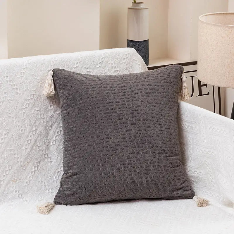 Gray Set of 2 Textured Velvet Throw Pillow Covers with Tassels - Decorative Square Cushions 45*45cm - Home & Garden >