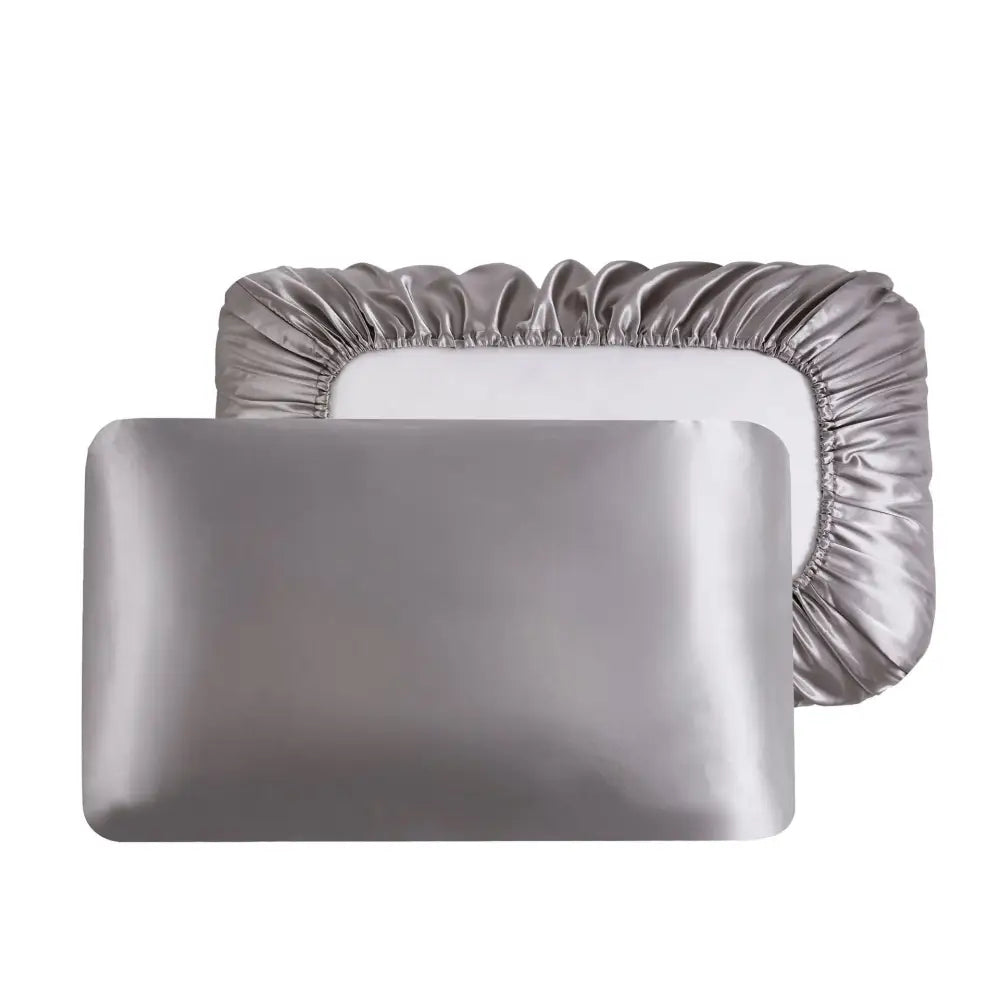 Gray Silky Satin Pillowcase Pair - Smooth for Hair & Skin Elastic Fitted (46x70 + 16cm) - Home & Garden > Bedding >