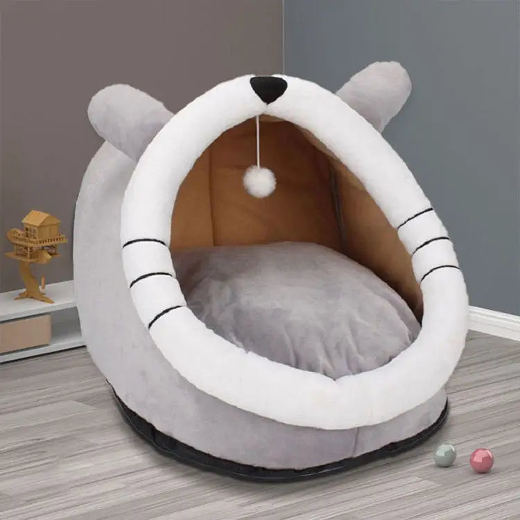 Gray Totoro Half-Enclosed Cat Bed - Soft Short Velvet Fabric with Sponge + PP Cotton Filling M Size (35x35x30cm) - Pet