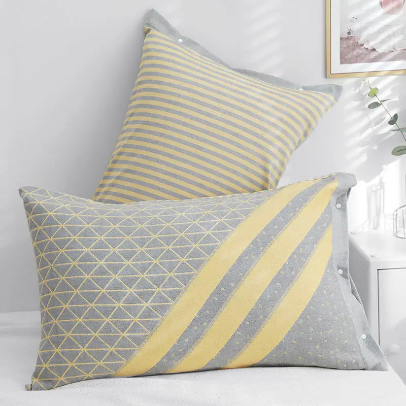 Gray Twill Snap-On Cotton Gauze Pillowcase Set - Full Coverage Non-Slip Easy Closure (One pair without pillow core)