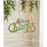 Green and Gold Glitter Merry Christmas Hanging Ornament -Festive Holiday Decoration 5 pieces - Occasions > Christmas >