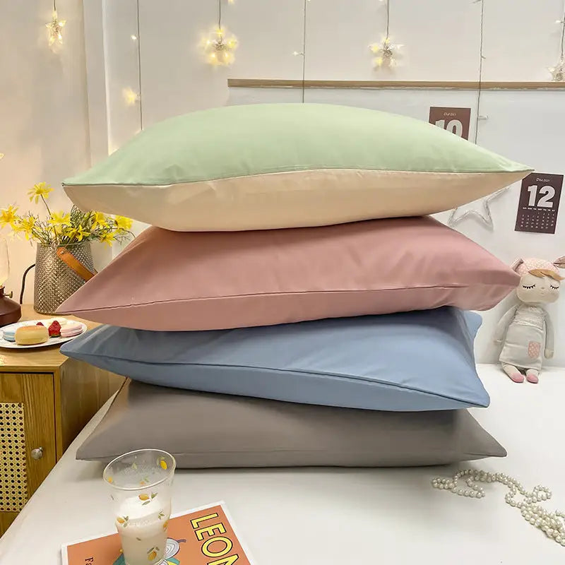 Green And Grey Washed Cotton Pillowcase Set - Solid Color Simple Two-Tone Design 48x74cm (Pair) - Home & Garden >