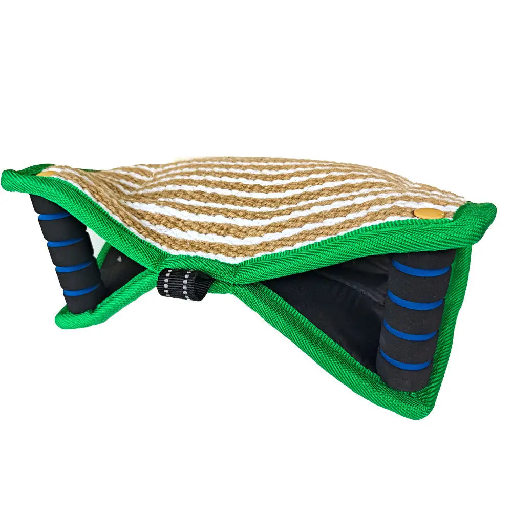 Green and Khaki Heavy Duty Jute Dog Bite Pillow - Professional Training Tug Toy with 3 Handles for Schutzhund K9