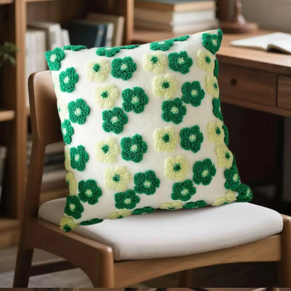Green and Yellow Charming 3D Floral Plush Cushion Covers - Set of 4 45x45cm Soft Faux Lambswool Pillowcases for Sofa &