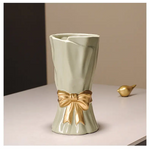 Green Elegant Ceramic Vase with Golden Bow Accent - Textured Relief Flower Holder for Living Room & Dining Table Decor