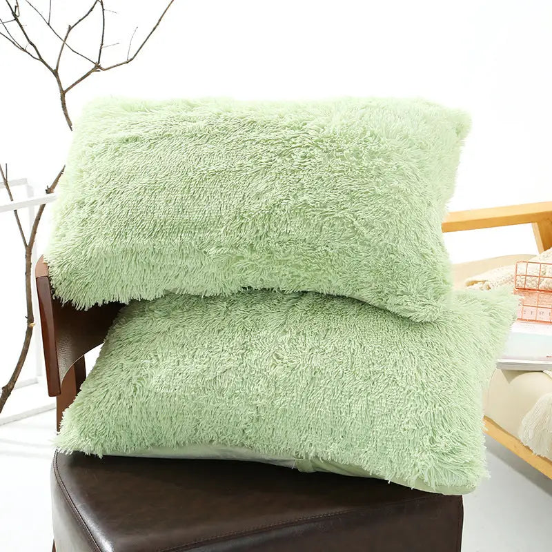 Green Faux Fur Pillowcase Set - Crystal Velvet Plush Throw Pillow Covers Bedding Accent (50x70cm Pair) - Home & Garden