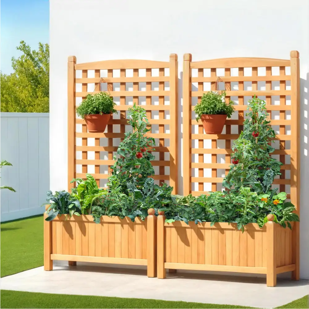 Green Fingers 2X Garden Bed Wooden 64x35x115cm Planter Raised Box Container Trellis - Home & Garden > Garden Beds >