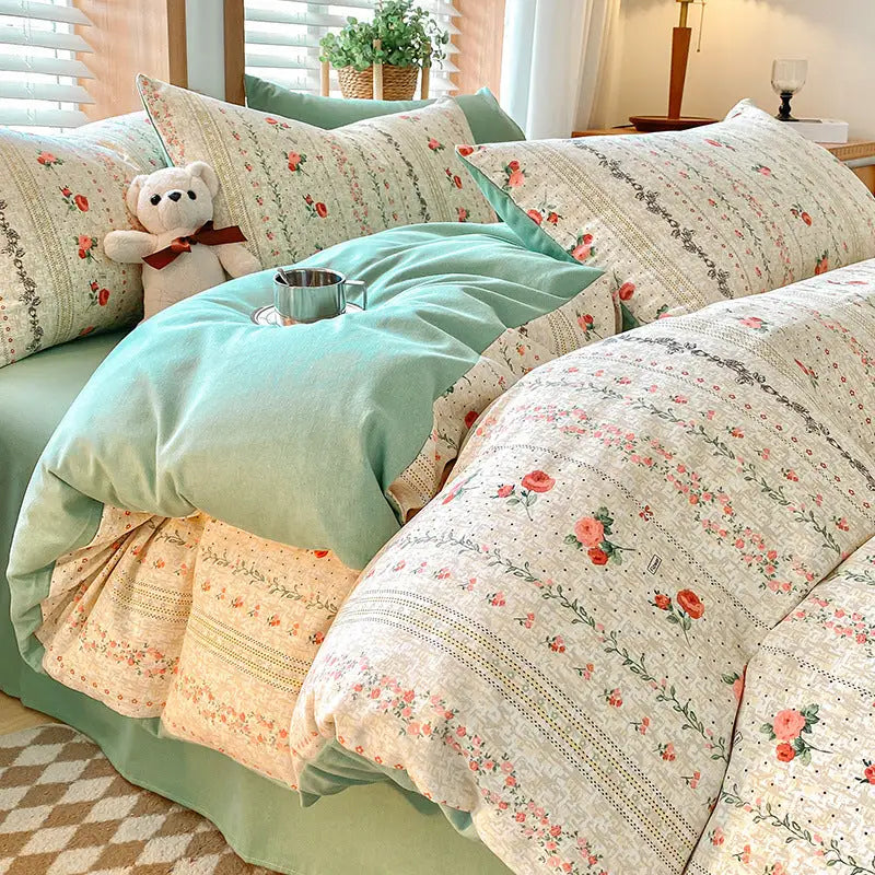 Green Flower Thick Brushed Cotton 4-Piece Bed Sheet Set (1.5m Bed) - Fits 200x230cm Duvet - Home & Garden > Bedding >