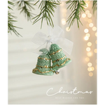 Green Glitter Christmas Bell Ornaments with White Bow - Hanging Holiday Decoration 5 pieces - Occasions > Christmas >