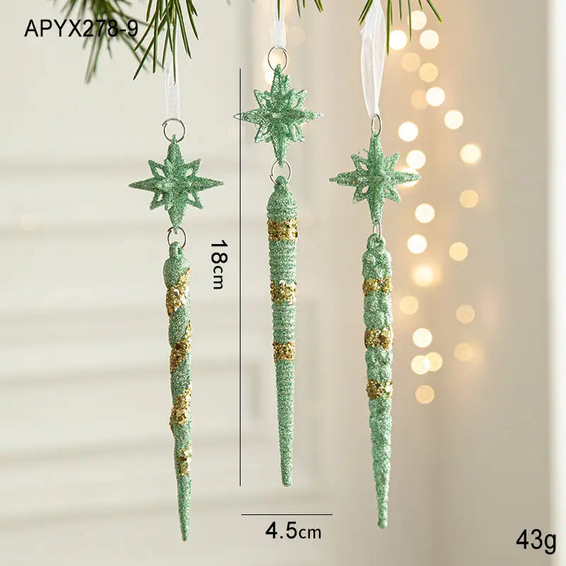 Green Glitter Icicle Christmas Ornaments with Star Tops - Set of 3 Hanging Decorations（5 set in total） - Occasions