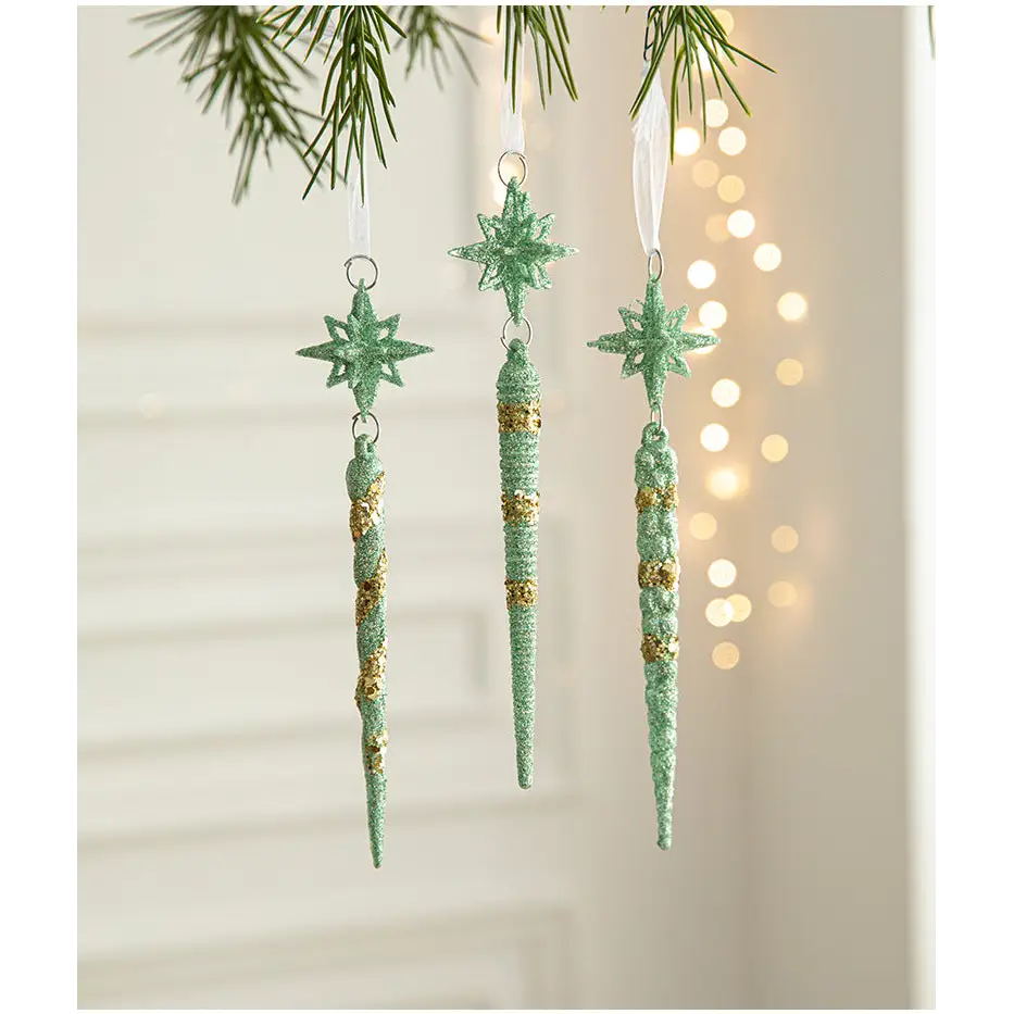 Green Glitter Icicle Christmas Ornaments with Star Tops - Set of 3 Hanging Decorations（5 set in total） - Occasions