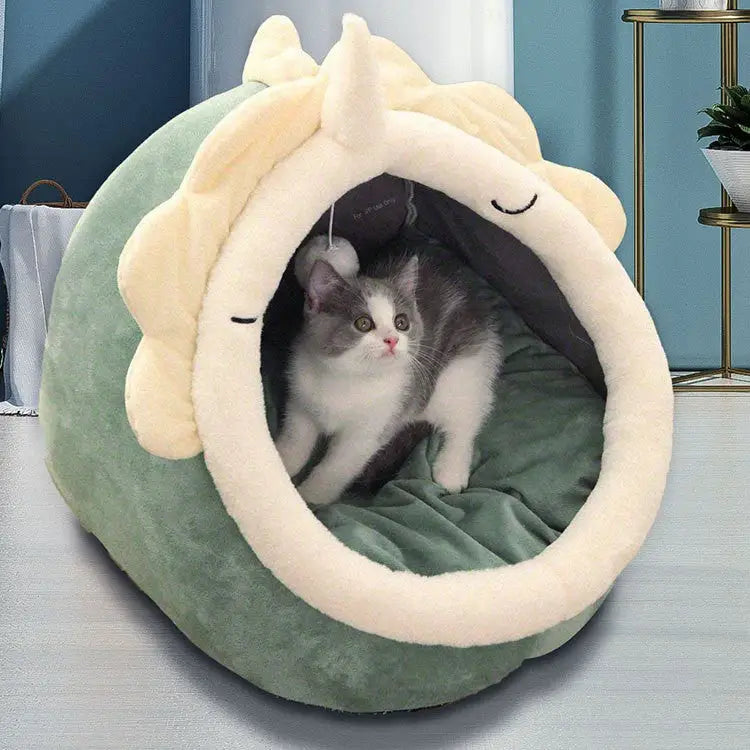 Green Half-Enclosed Cat Bed - Soft Short Velvet Fabric with Sponge + PP Cotton Filling S Size (28x28x30cm) - Pet Care >