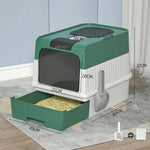 Green Large Enclosed Cat Litter Box with Drawer and Scoop-Odor Control Removable Tray Easy Clean Design - Pet Care >