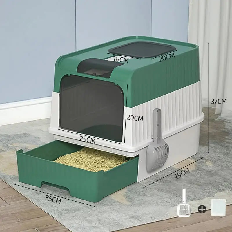 Green Large Enclosed Cat Litter Box with Drawer and Scoop-Odor Control Removable Tray Easy Clean Design - Pet Care >
