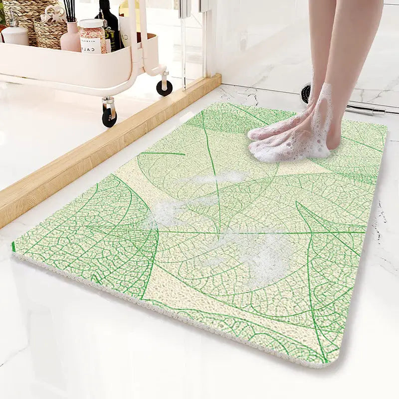 Green Leaves Pattern PVC Non-Slip Bath Mat 50x80cm - Shower Drain Hole Design Soft & Quick-Dry Bathroom Rug - Home &