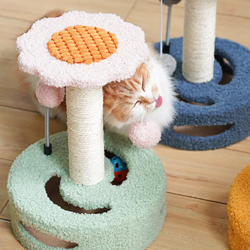 Green-pink Interactive Cat Scratching Post with Playful Ball Toys Flower Design - 35cm Height 26cm Base - Pet Care >