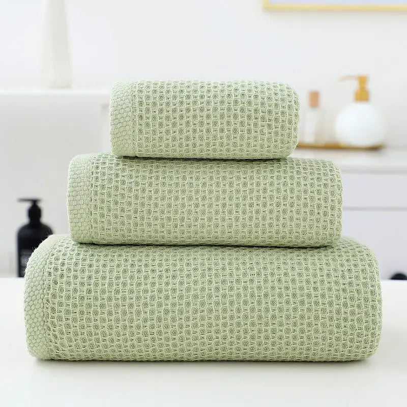 Green Premium 3-Piece Waffle Weave Cotton Towel Set - Lightweight Quick-Dry & Absorbent - Bath Hand Face Cloth - Home &