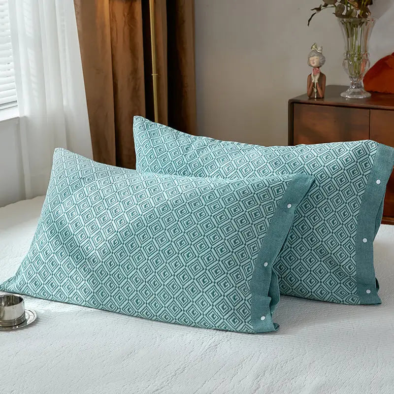 Green Prism Snap-On Cotton Gauze Pillowcase Set - Full Coverage Non-Slip Easy Closure (One pair without pillow core)