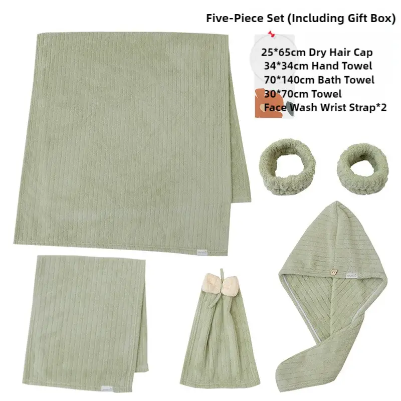 Green Soft Coral Fleece Towel and Bath Towel Gift Set - 5-Piece Luxurious Absorbent Set - Home & Garden > Bathroom