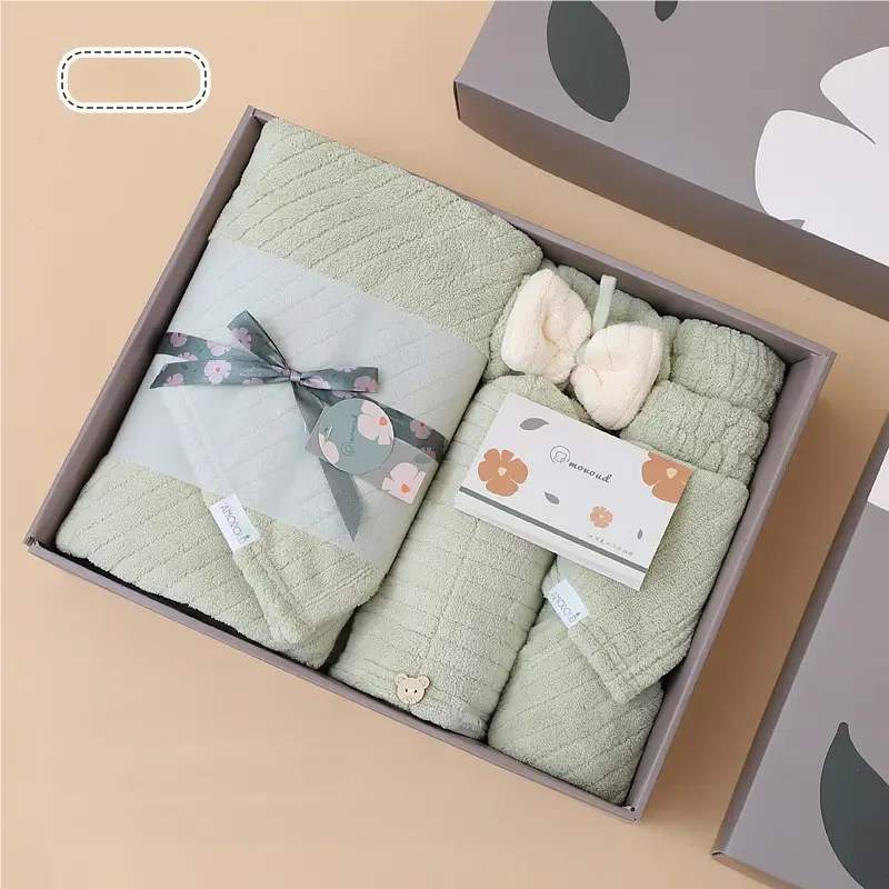 Green Soft Coral Fleece Towel and Bath Towel Gift Set - 5-Piece Luxurious Absorbent Set - Home & Garden > Bathroom