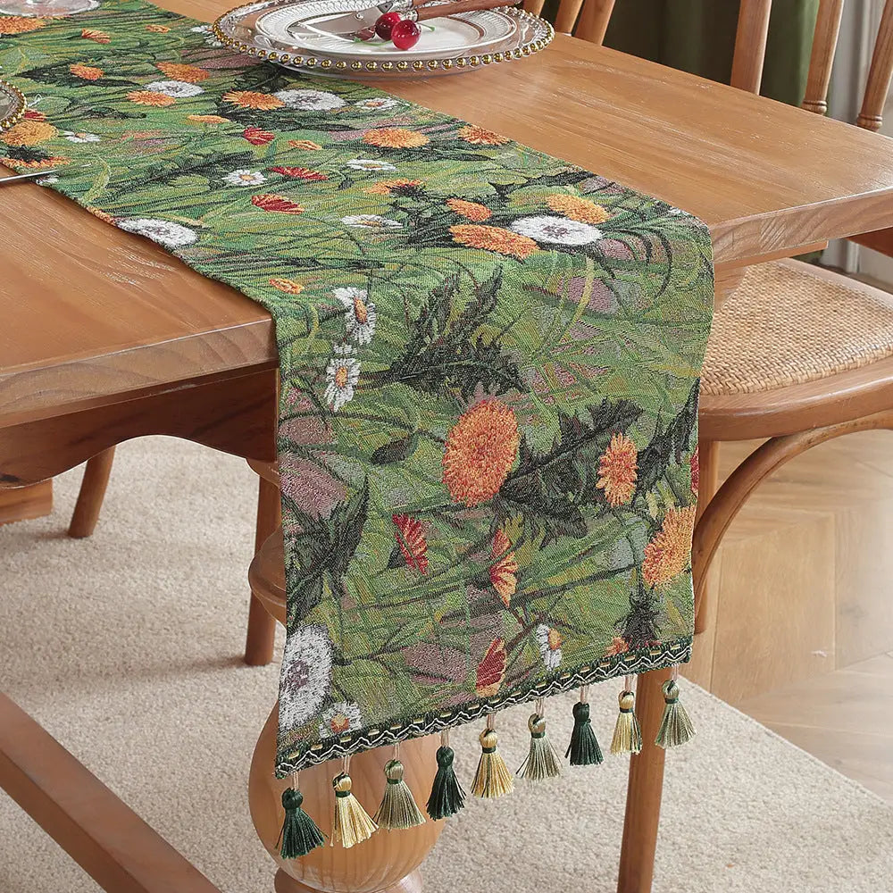 Green Taraxacum Mongolicum American Retro Jacquard Embroidered Table Runner - Light Luxury Table Mat 30cm x 180cm