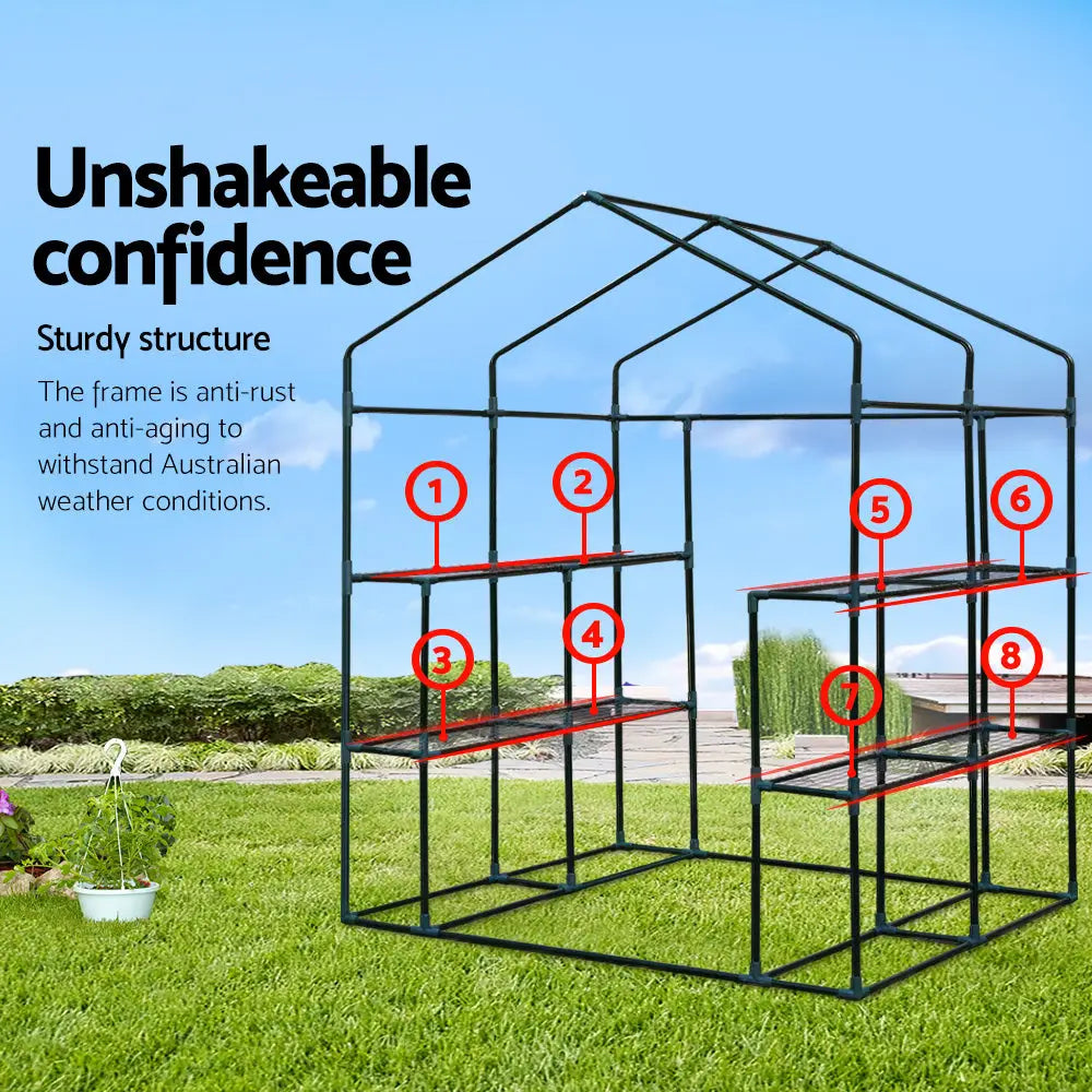 Greenfingers Greenhouse 1.4x1.55x2M Walk in Green House Tunnel Plant Garden Shed 8 Shelves - Home & Garden > Green