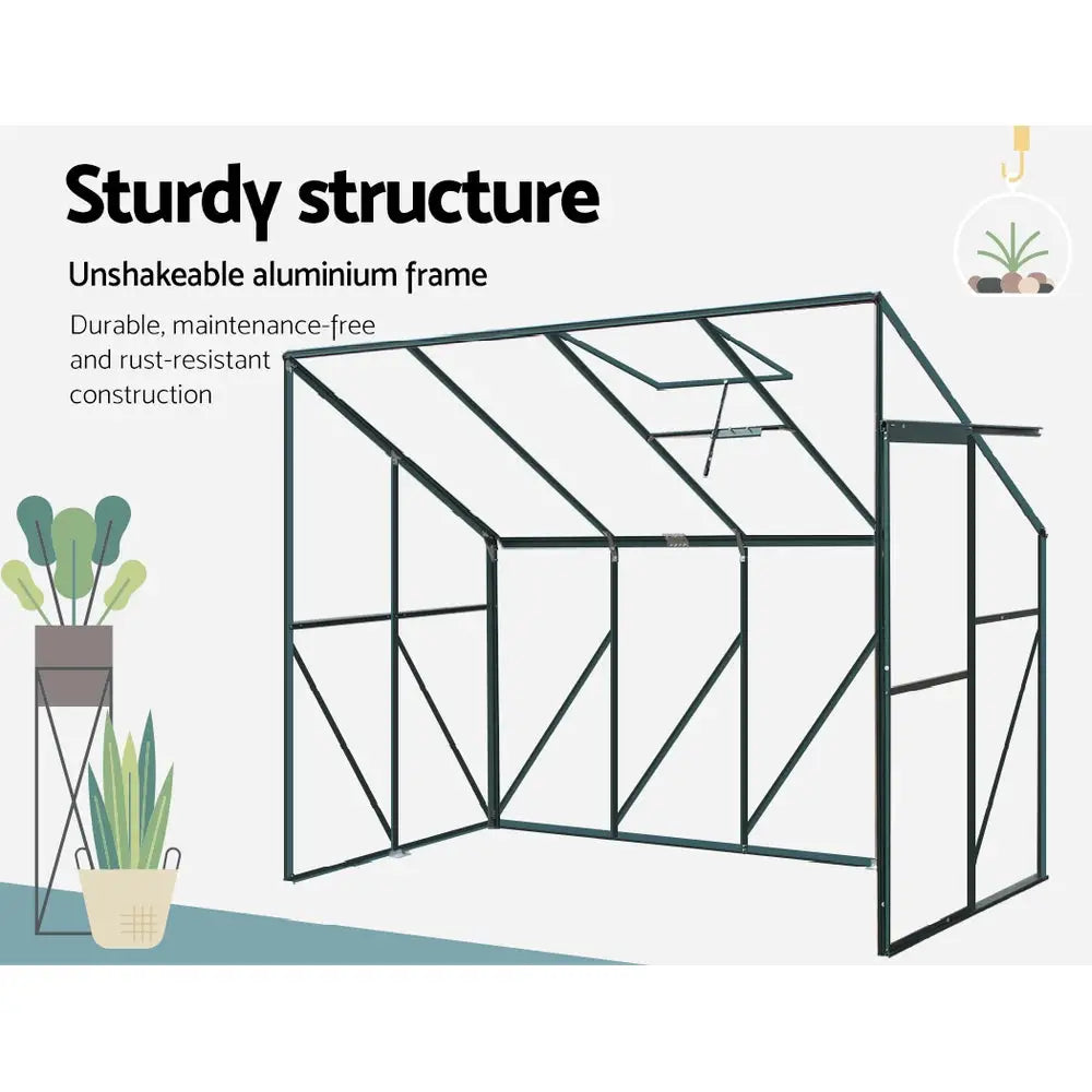 Greenfingers Greenhouse 2.52x1.27x2.13M Lean-to Aluminium Polycarbonate Green House Garden Shed - Home & Garden > Green