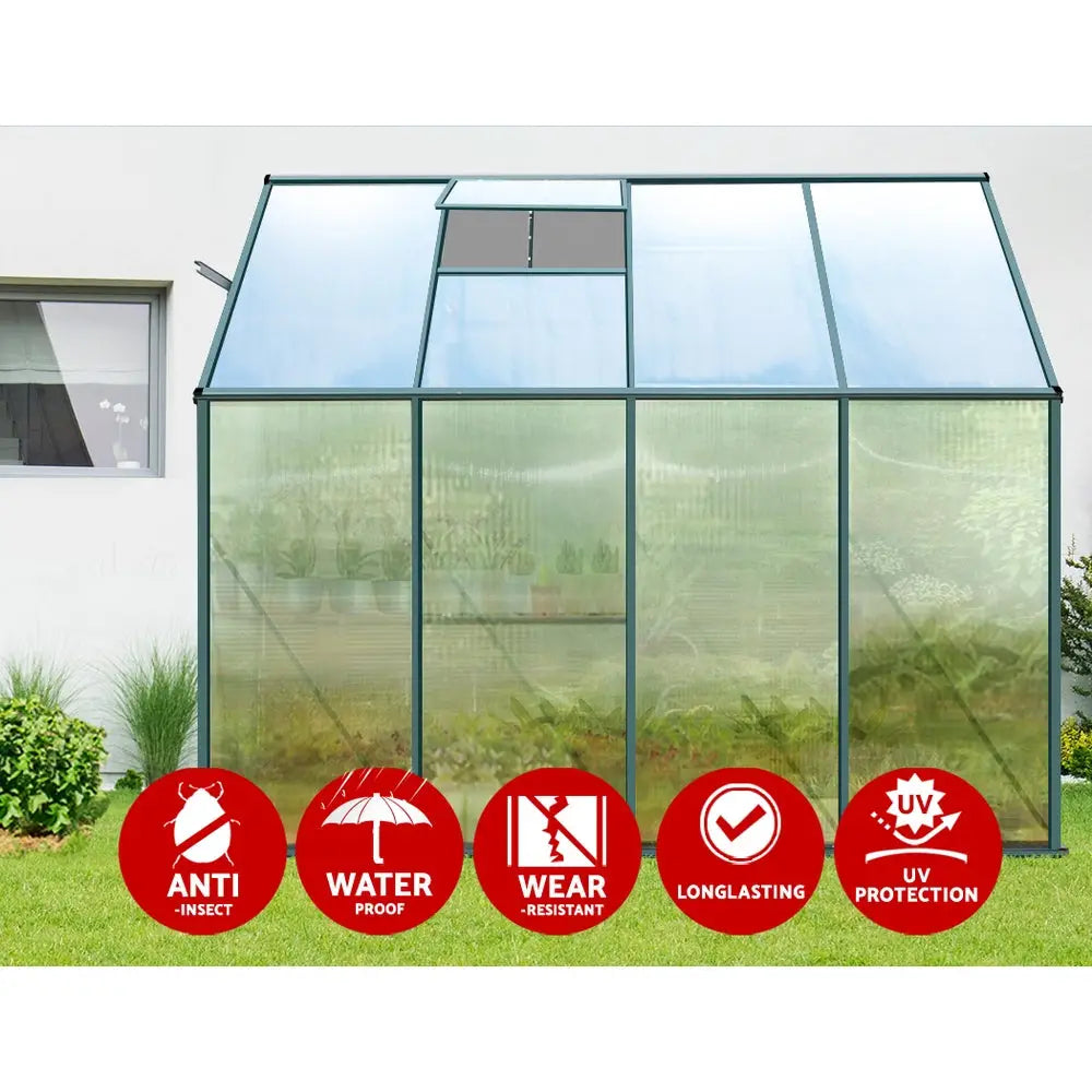 Greenfingers Greenhouse 2.52x1.27x2.13M Lean-to Aluminium Polycarbonate Green House Garden Shed - Home & Garden > Green