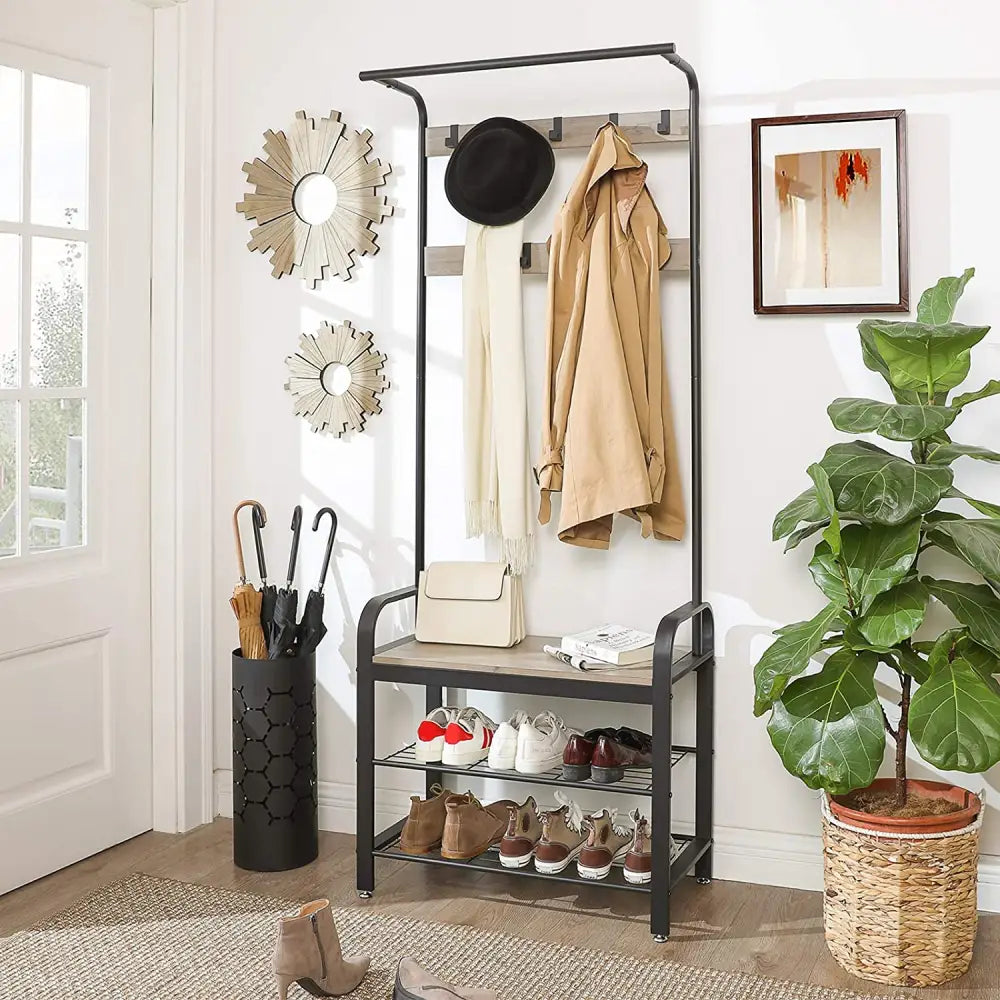 Greige and Black Steel Freestanding Coat Rack Stand with Removable Hooks Bench and Shoe Rack Height 183 cm - Furniture