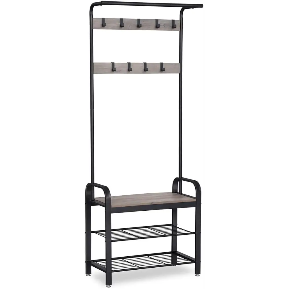 Greige and Black Steel Freestanding Coat Rack Stand with Removable Hooks Bench and Shoe Rack Height 183 cm - Furniture