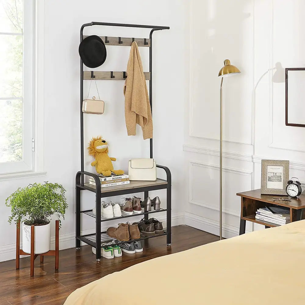 Greige and Black Steel Freestanding Coat Rack Stand with Removable Hooks Bench and Shoe Rack Height 183 cm - Furniture