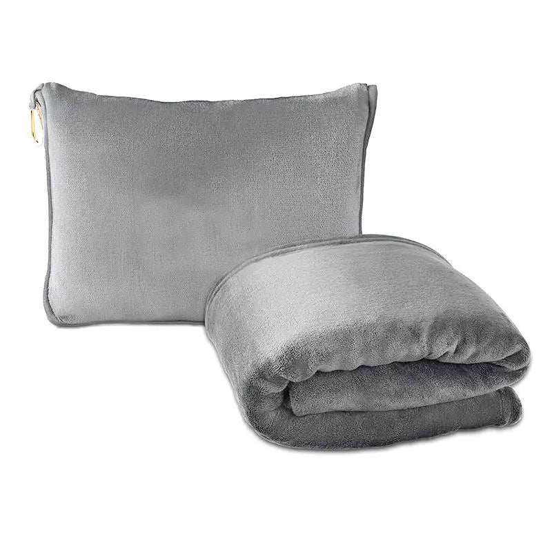 Grey 2-in-1 Plush Travel Blanket & Pillow Set - Soft Flannel with Luggage Strap & Carabiner (50x60in) - Home & Garden >