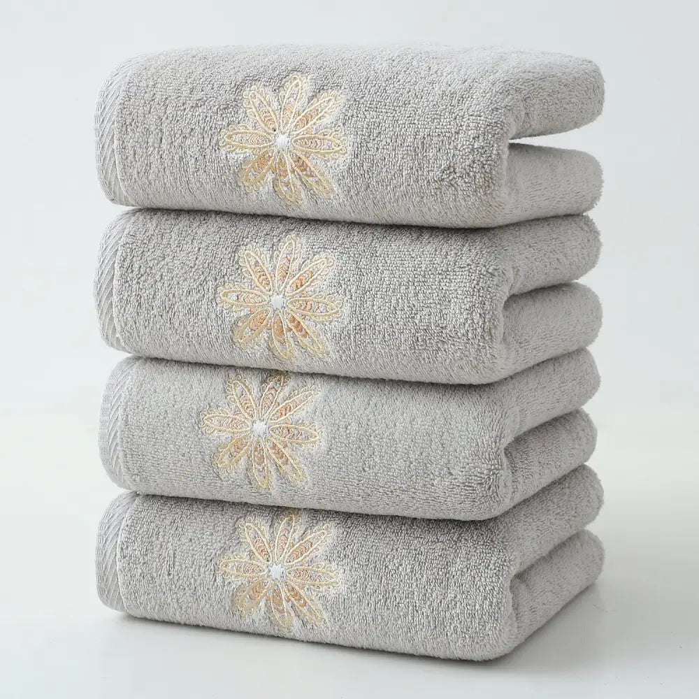 Grey 4-Pack Elegant Glod Floral Embroidered Cotton Hand Towels - Ultra Soft & Absorbent - Home & Garden > Bathroom