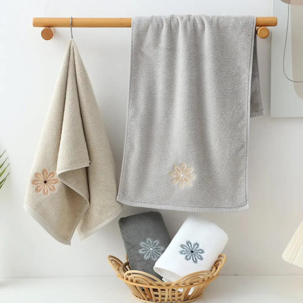 Grey 4-Pack Elegant Glod Floral Embroidered Cotton Hand Towels - Ultra Soft & Absorbent - Home & Garden > Bathroom