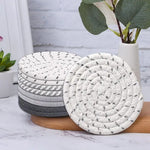 Grey Absorbent Woven Cotton Coasters - Set of 8 with Metal Holder - Heat Resistant Drink Mats for Table Protection