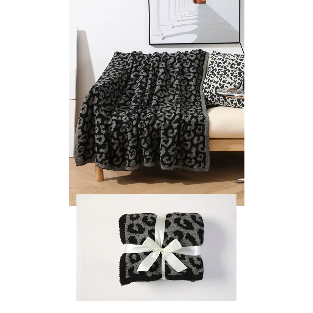 Grey and Black Luxurious Leopard Print Knit Throw Blanket - Ultra-Soft Jacquard Plush for Sofa Bed & Cozy Comfort