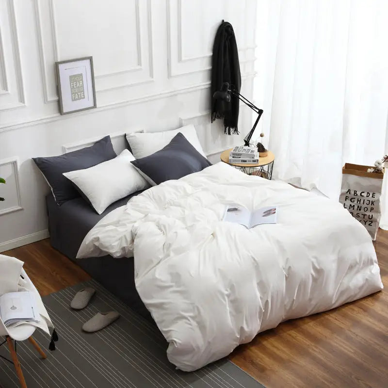 Grey And White Stitching Ultra-Soft Solid Color 4-Piece Bedding Set - Queen Size(Suitable for 2m bed) - Home & Garden >
