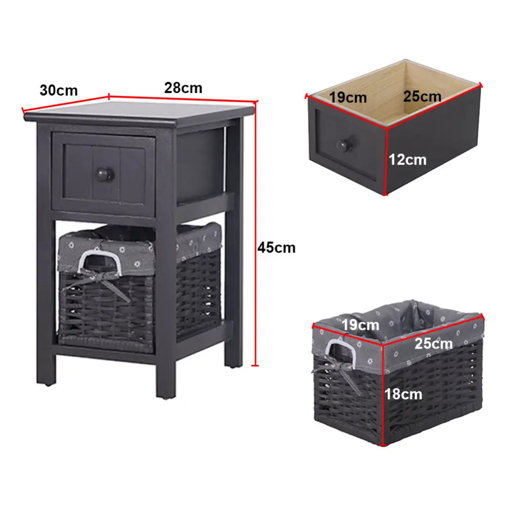 Grey Bedside Table with Wicker Basket - Furniture > Bedroom > Bedside Tables