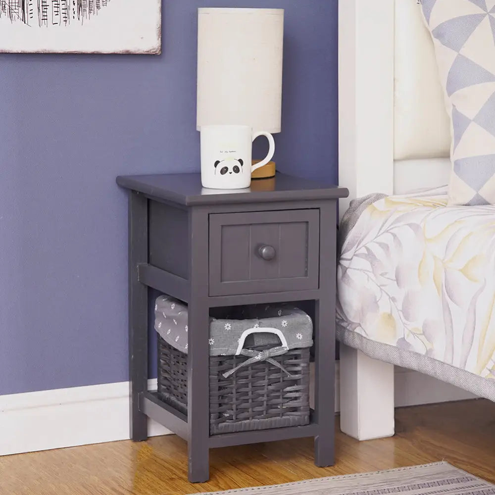 Grey Bedside Table with Wicker Basket - Furniture > Bedroom > Bedside Tables