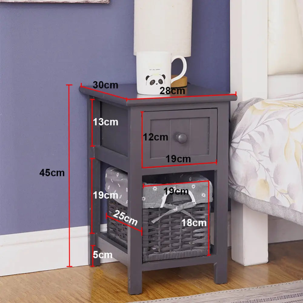 Grey Bedside Table with Wicker Basket - Furniture > Bedroom > Bedside Tables
