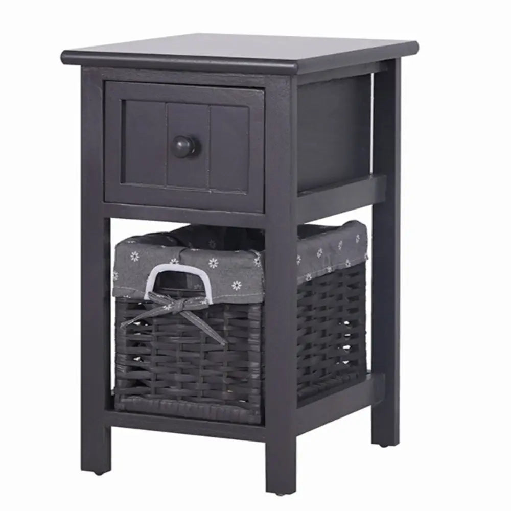 Grey Bedside Table with Wicker Basket - Furniture > Bedroom > Bedside Tables