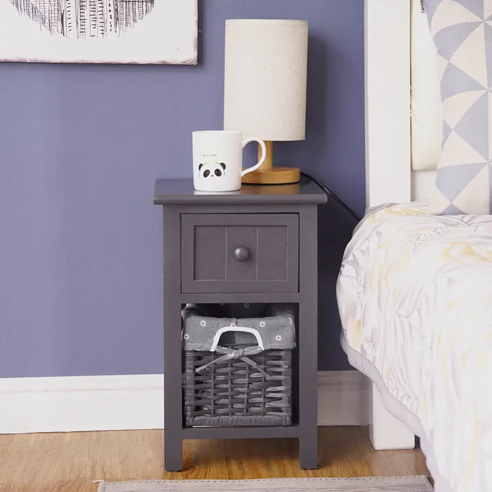 Grey Bedside Table with Wicker Basket - Furniture > Bedroom > Bedside Tables