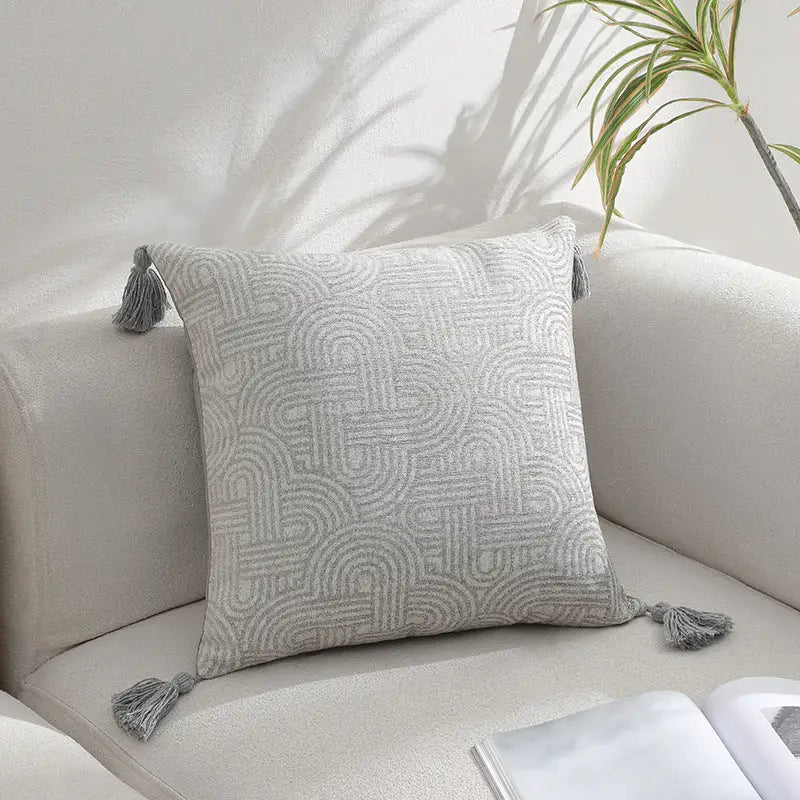 Grey Chic Geometric Jacquard Cushion Covers with Tassels - Set of 2 Plush Blend for Sofa & Bed Decor (45x45cm Insert