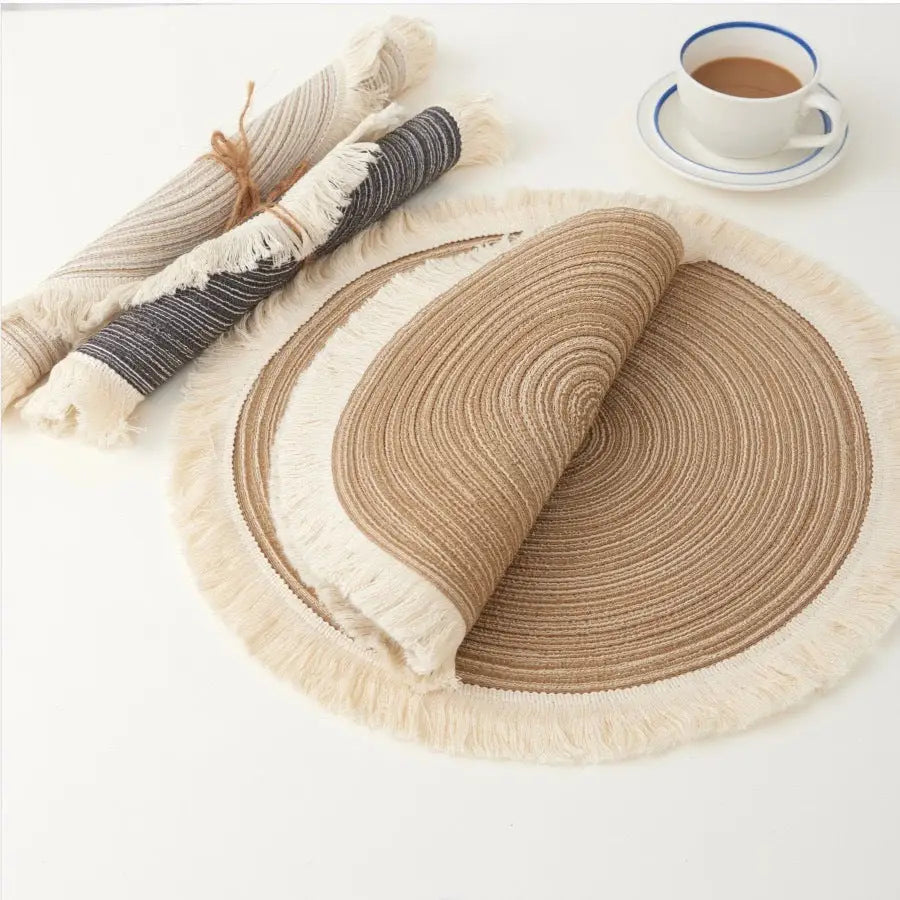 Grey Chic Round Woven Placemats with Tassel Fringe - Set of 4 Cotton Ramie Blend Heat Resistant Table Mats - Home &