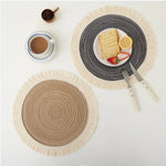 Grey Chic Round Woven Placemats with Tassel Fringe - Set of 4 Cotton Ramie Blend Heat Resistant Table Mats - Home &