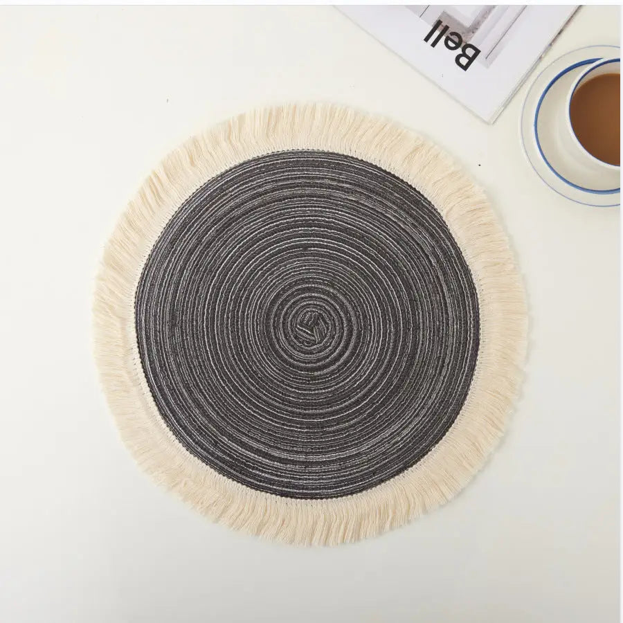 Grey Chic Round Woven Placemats with Tassel Fringe - Set of 4 Cotton Ramie Blend Heat Resistant Table Mats - Home &