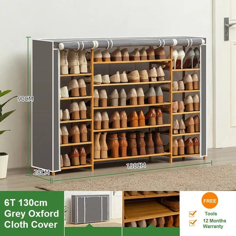 Grey Cover Six Tier Oxford Cloth Covered Tower Bamboo Wooden Shoe Rack Boot Shelf Stand Storage Organizer - Home &