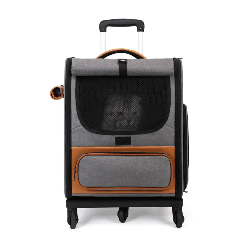 Grey Large Capacity Breathable Foldable Pet Trolley – Travel Cat Carrier with Wheels Portable Spacious and Convenient