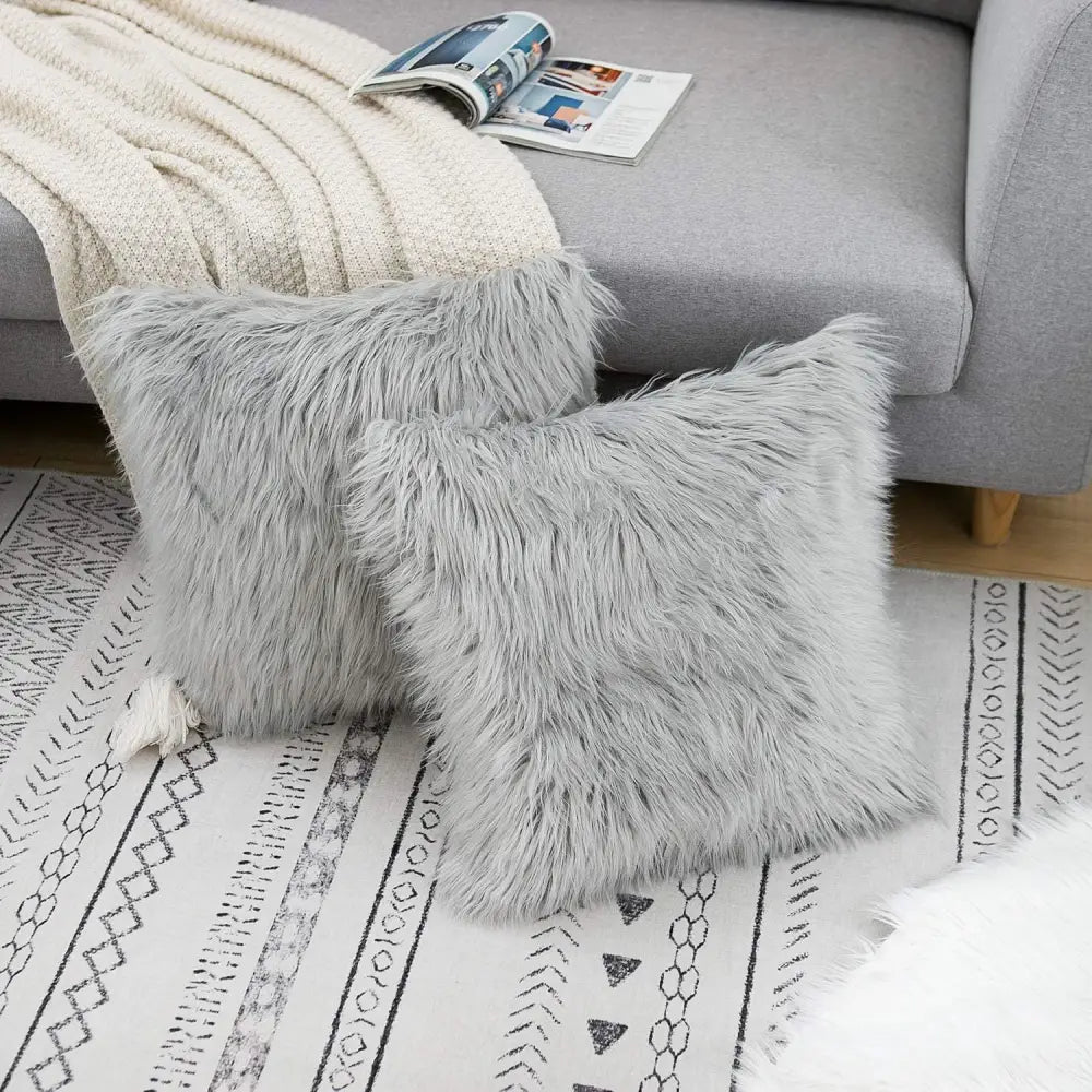 Grey Luxurious Long Faux Fur Cushion Covers - Set of 2 45x45cm Soft Plush Decorative Pillowcases for Sofa & Bed - Home