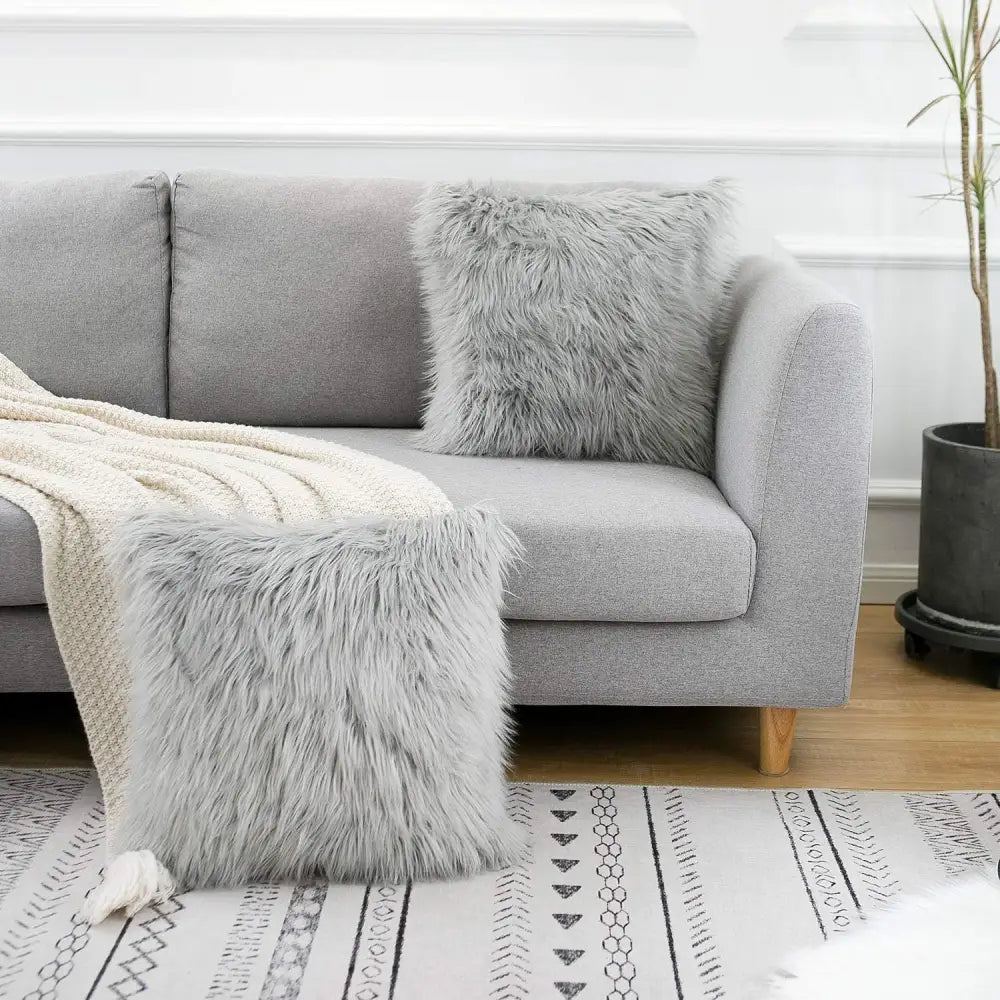 Grey Luxurious Long Faux Fur Cushion Covers - Set of 2 45x45cm Soft Plush Decorative Pillowcases for Sofa & Bed - Home